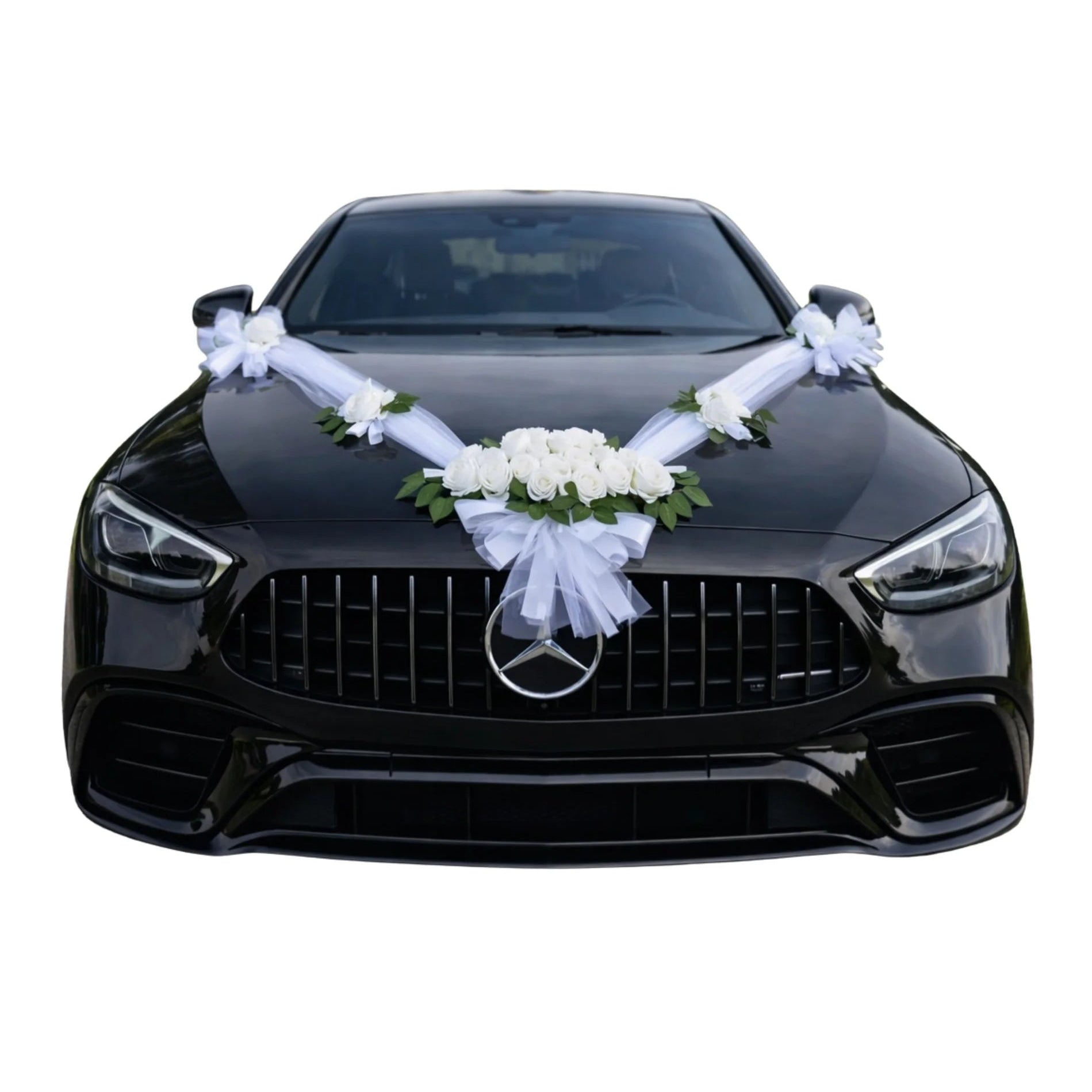 Autoschmuck Hochzeit Auto DAPHNE Rosen Weiss Tüll Blumendeko Motorhaube Dekoration