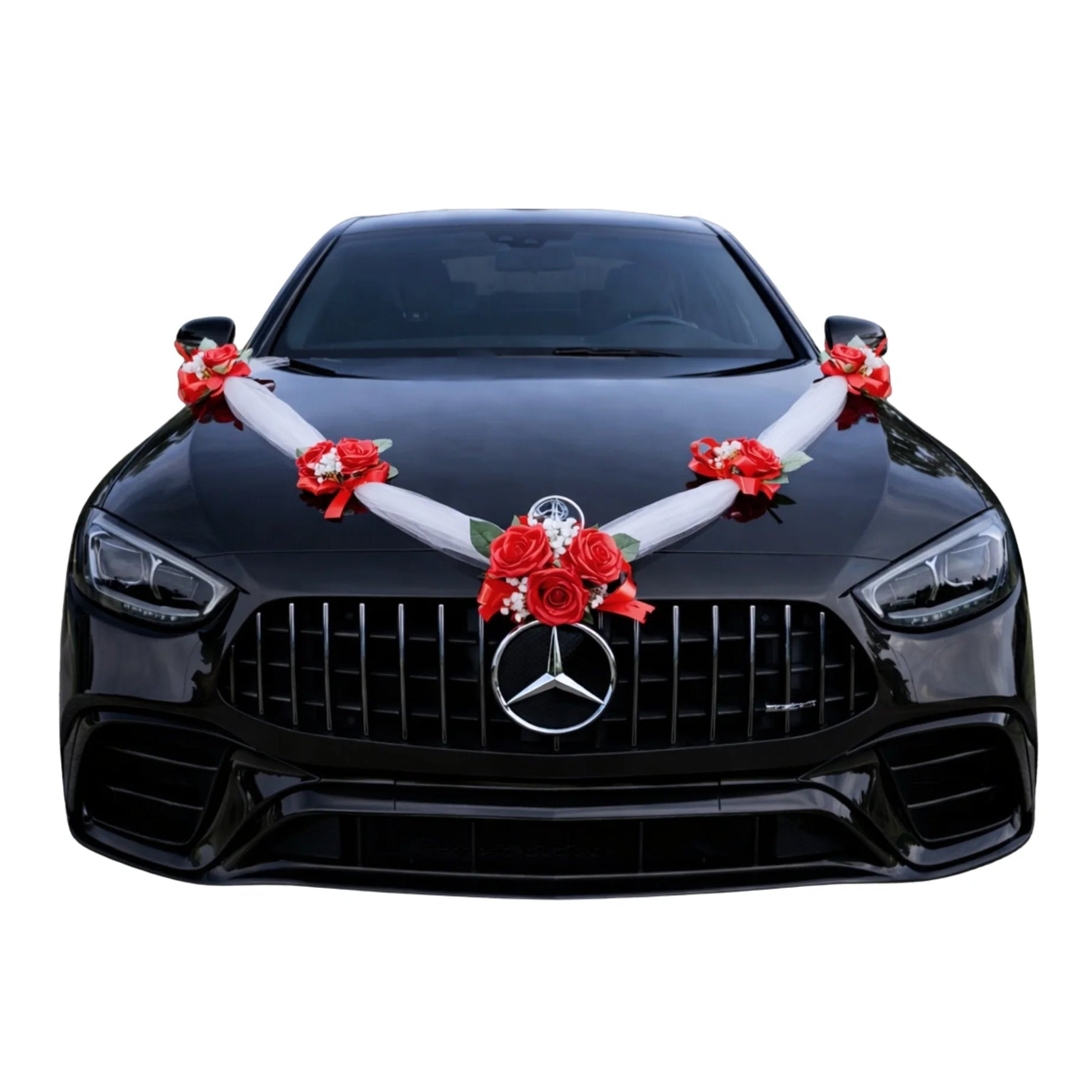 Autoschmuck Hochzeit Auto DOROTHA Rosen Rot Weiss Schleierkraut Blumendeko Motorhaube Dekoration