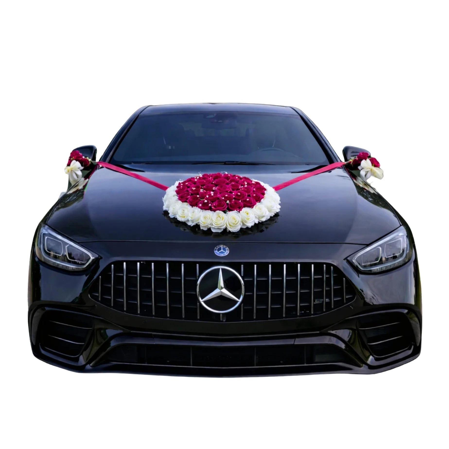 Autoschmuck Hochzeit Auto EVA Rosen Gesteck XXL Rot Weiss Ecru Komplett Set Blumendeko Motorhaube Dekoration