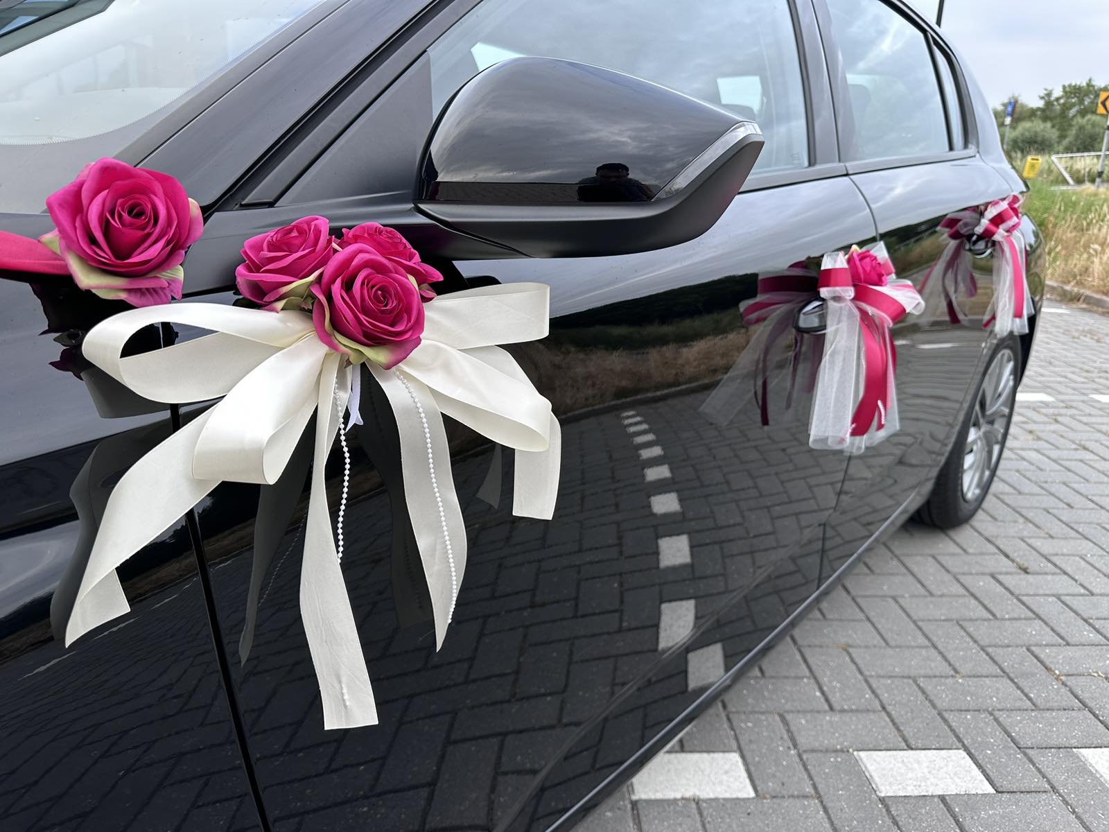 Autoschmuck Hochzeit Auto EVA Rosen Gesteck XXL Rot Weiss Ecru Komplett Set Blumendeko Motorhaube Dekoration Seitengestecke