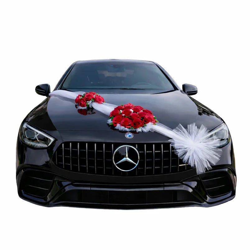 Autoschmuck Hochzeit Auto FATMA Rosen Rot Weiss Tuell Schleierkraut Blumendeko Motorhaube Dekoration