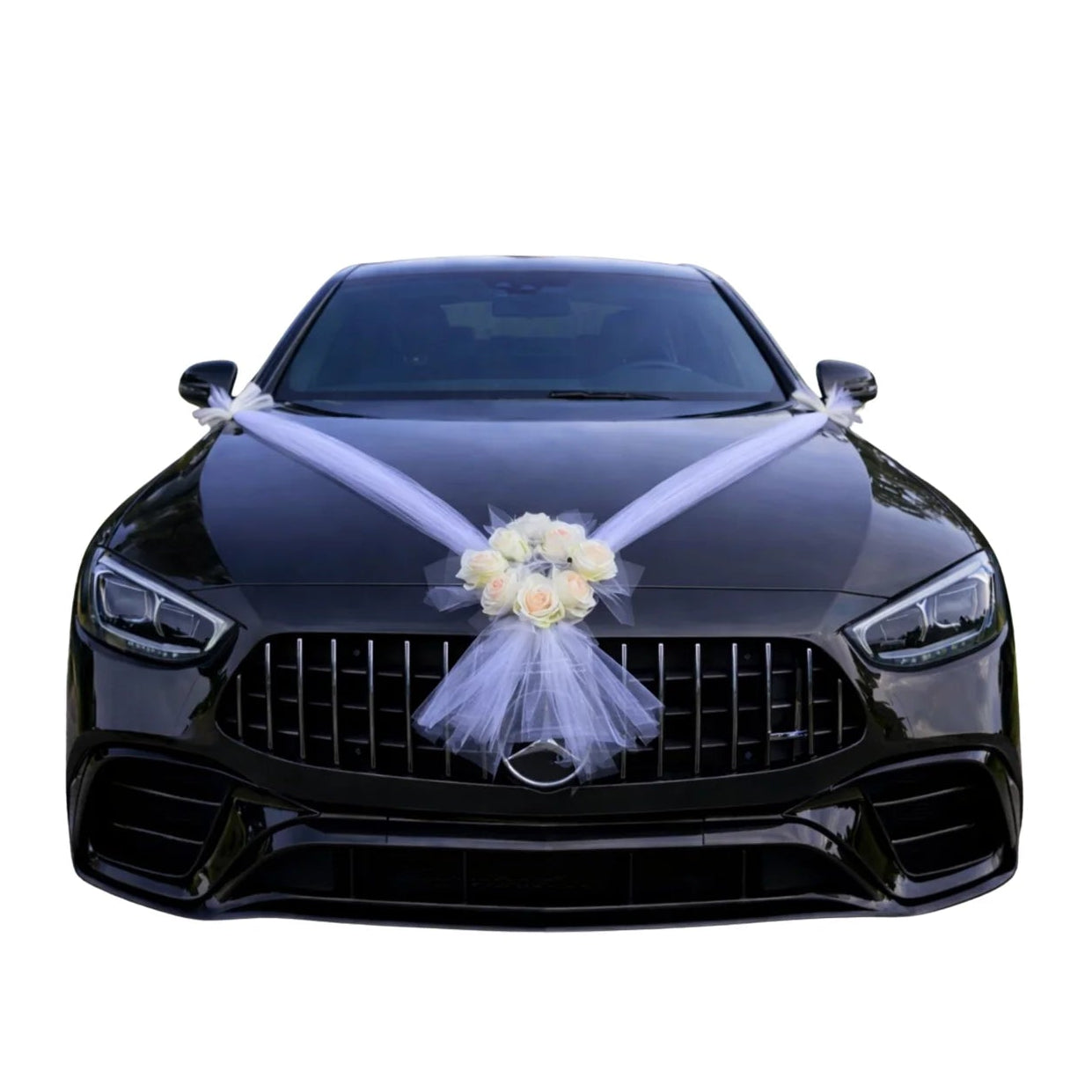 Autoschmuck Hochzeit Auto Perla Rosen Champagner Weiss Gesteck Weiss Blumendeko Motorhaube Dekoration
