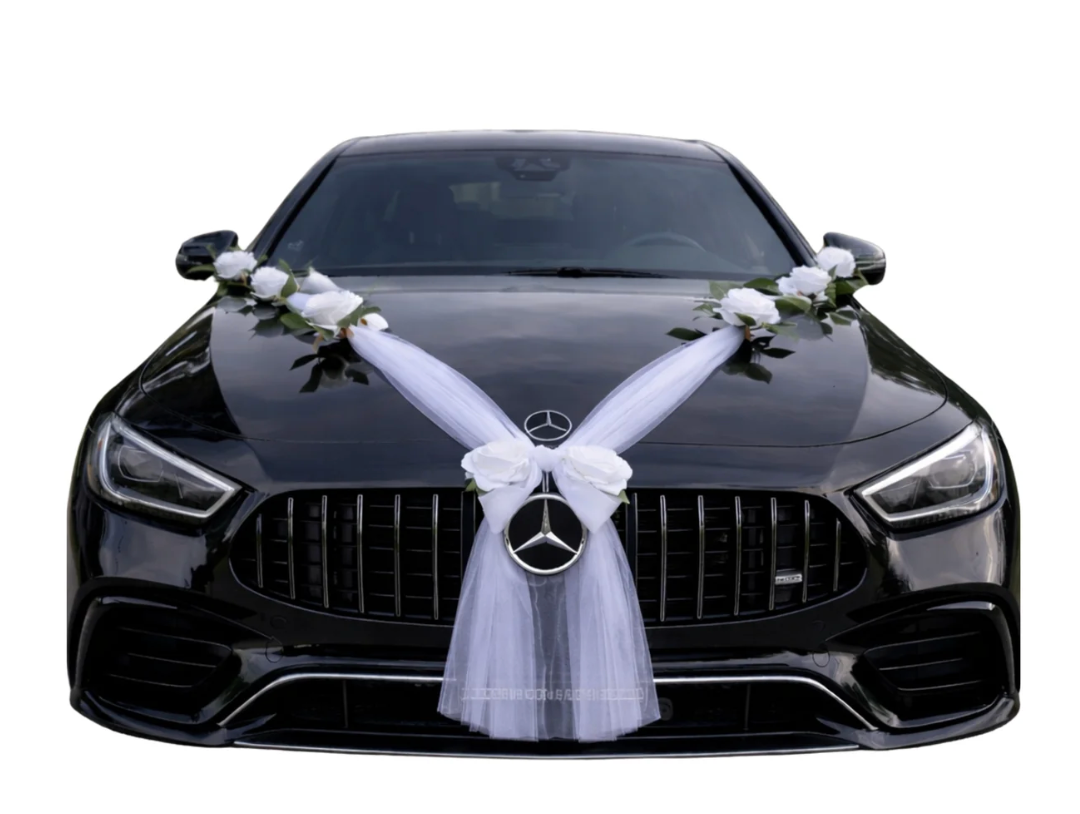 Autoschmuck Hochzeit Auto CAMILA Rosen Weiss Blumendeko Motorhaube Dekoration