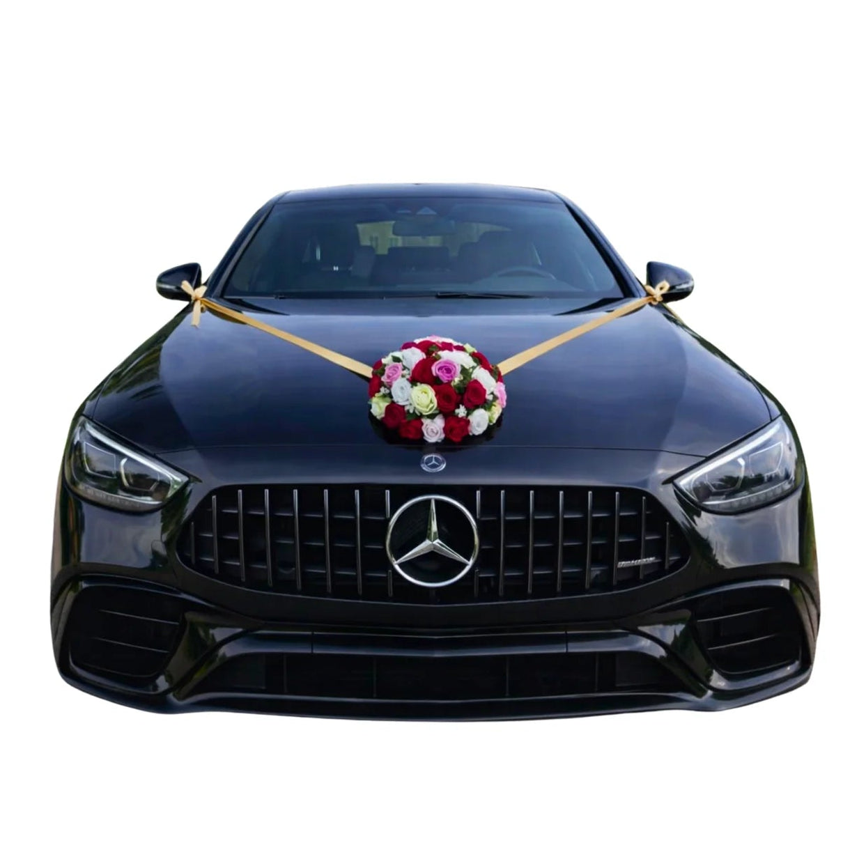 Autoschmuck Hochzeit Auto RIA Seven Rosen sieben Farben Gesteck Weiss Blumendeko Motorhaube Dekoration