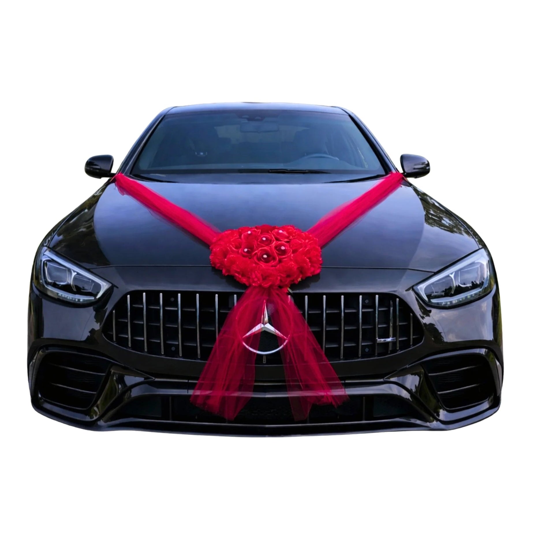 Autoschmuck Hochzeit Autodeko Amparo Rosen Hortensien Gesteck Rot Blumendeko Motorhaube Dekoration